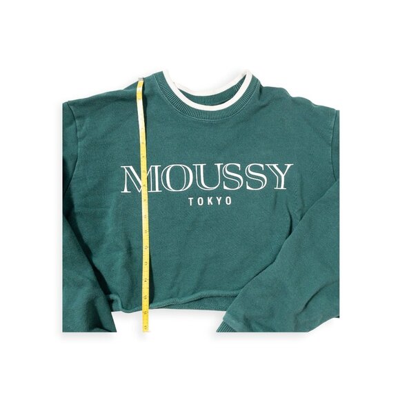 Moussy Tokyo Green Cropped Sweatshirt With Striped Cuffs & Collar Free Size 100% - Picture 3 of 10